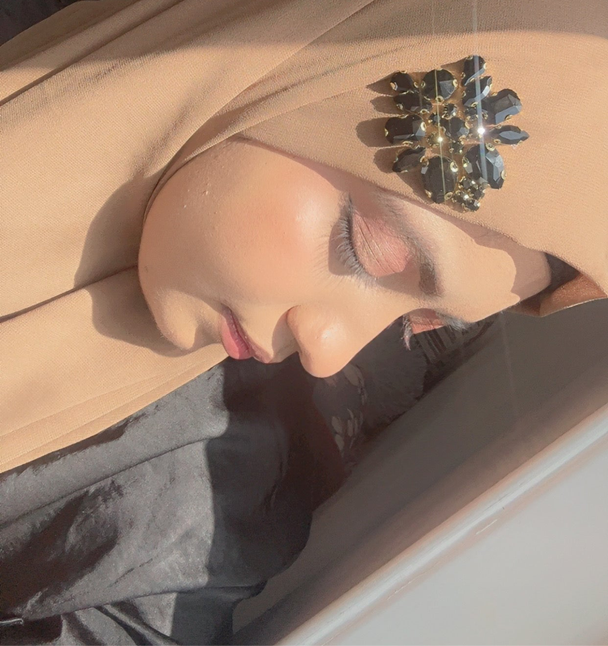 Luxury Brown Hijab with Black Rhinestone Accent – Noor e Shama Custom Design
