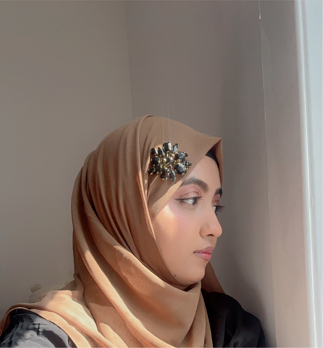 Luxury Brown Hijab with Black Rhinestone Accent – Noor e Shama Custom Design