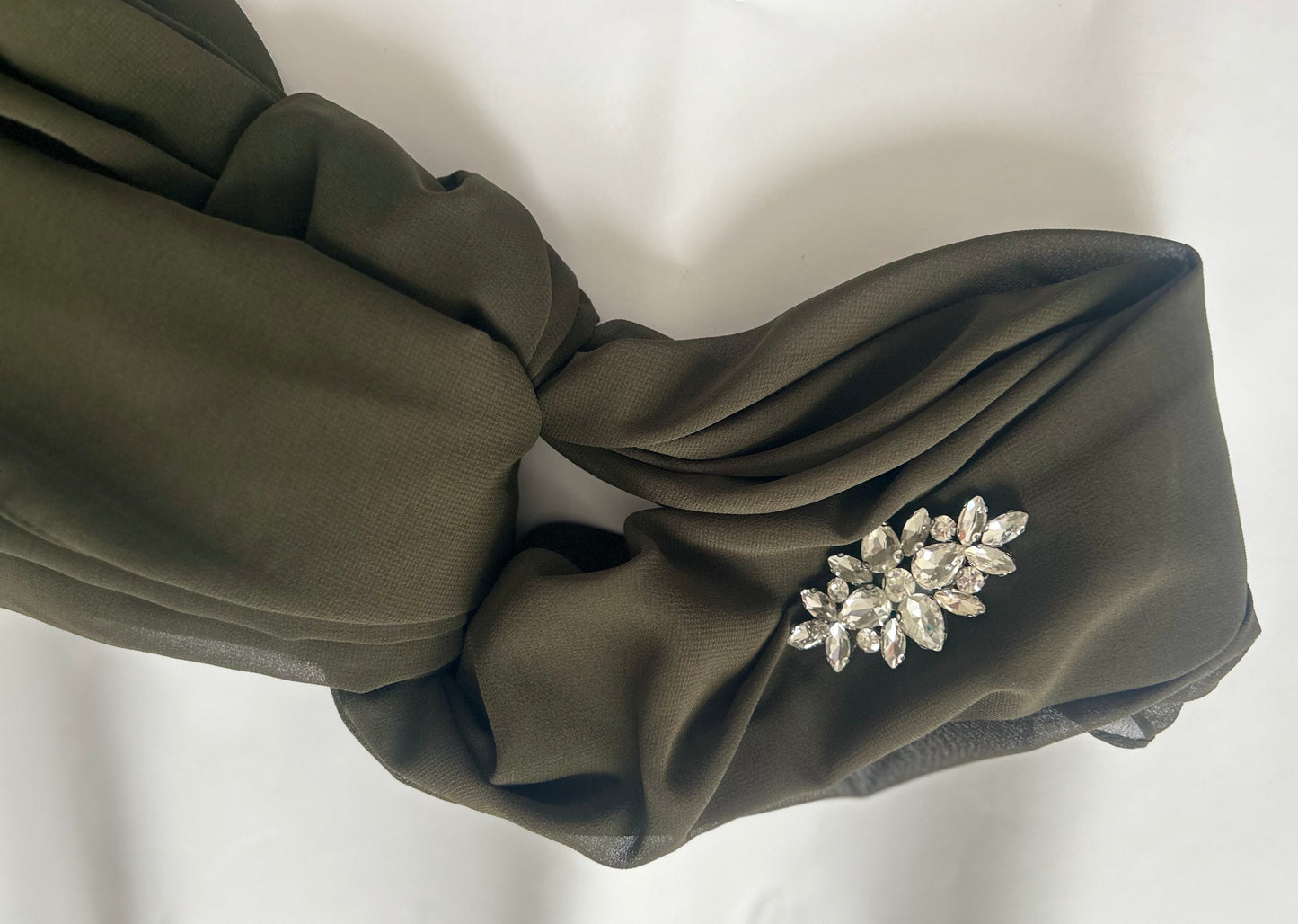 Noor-e-Shama – Olive Green Chiffon Hijab with Leaf Rhinestone Detail