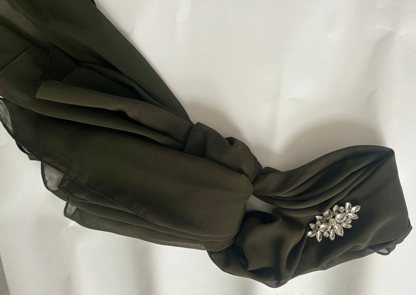 Noor-e-Shama – Olive Green Chiffon Hijab with Leaf Rhinestone Detail