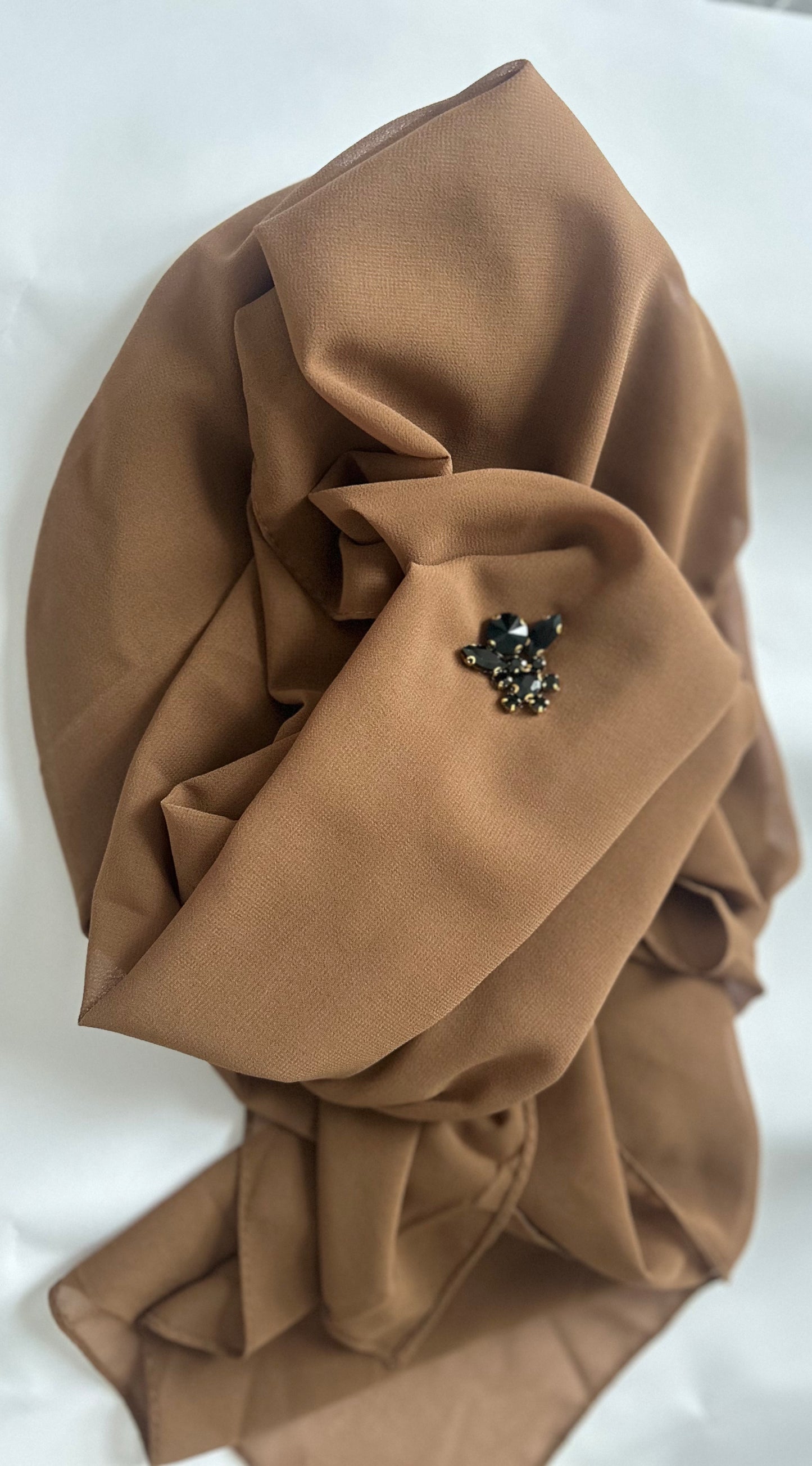 Brown Chiffon Hijab with Black Rhinestone Cluster – Customisable Luxe Turban Style