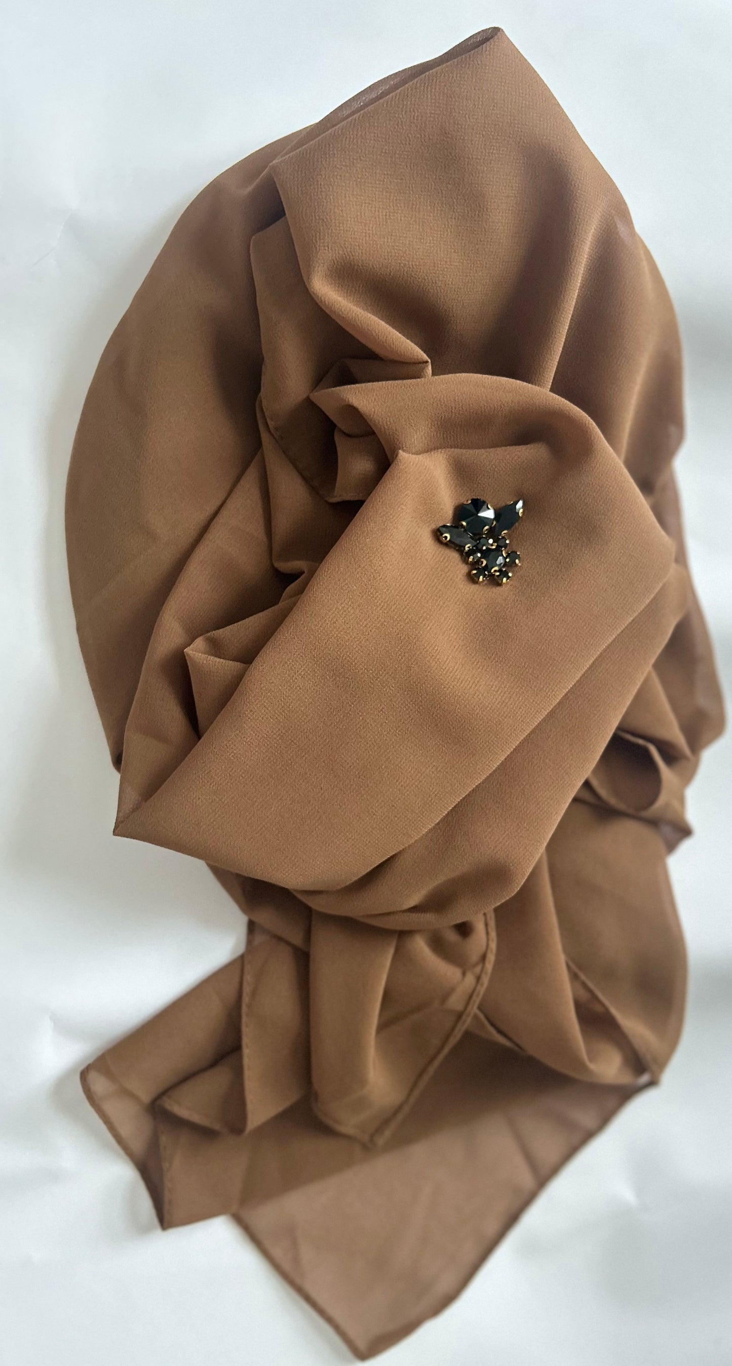 Brown Chiffon Hijab with Black Rhinestone Cluster – Customisable Luxe Turban Style
