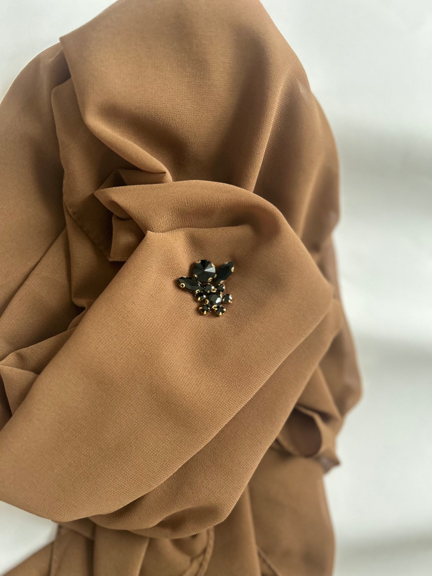 Brown Chiffon Hijab with Black Rhinestone Cluster – Customisable Luxe Turban Style