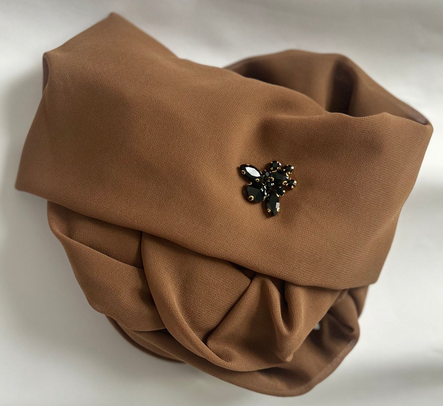 Brown Chiffon Hijab with Black Rhinestone Cluster – Customisable Luxe Turban Style