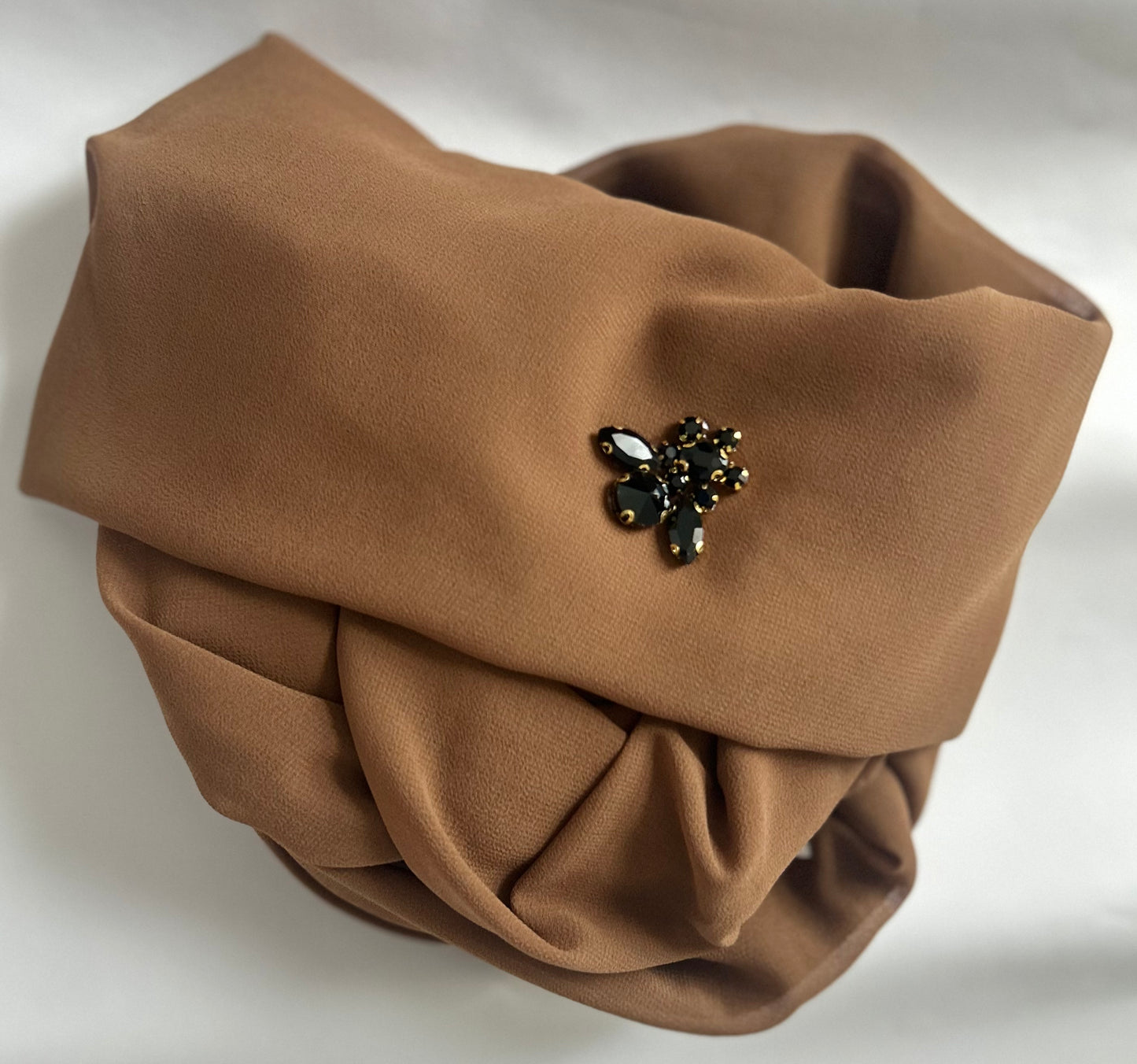 Brown Chiffon Hijab with Black Rhinestone Cluster – Customisable Luxe Turban Style