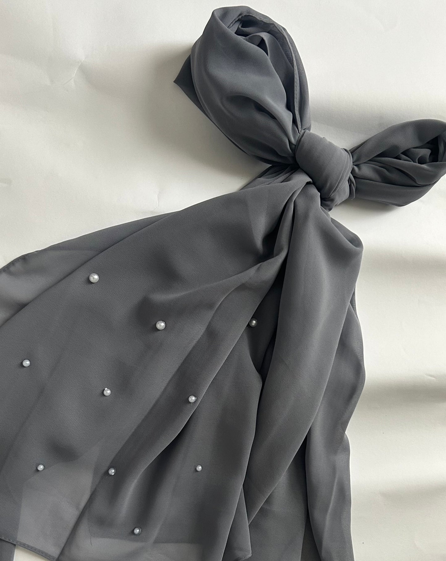 Grey Chiffon Hijab with Side Pearl Detailing – Elegant & Customisable