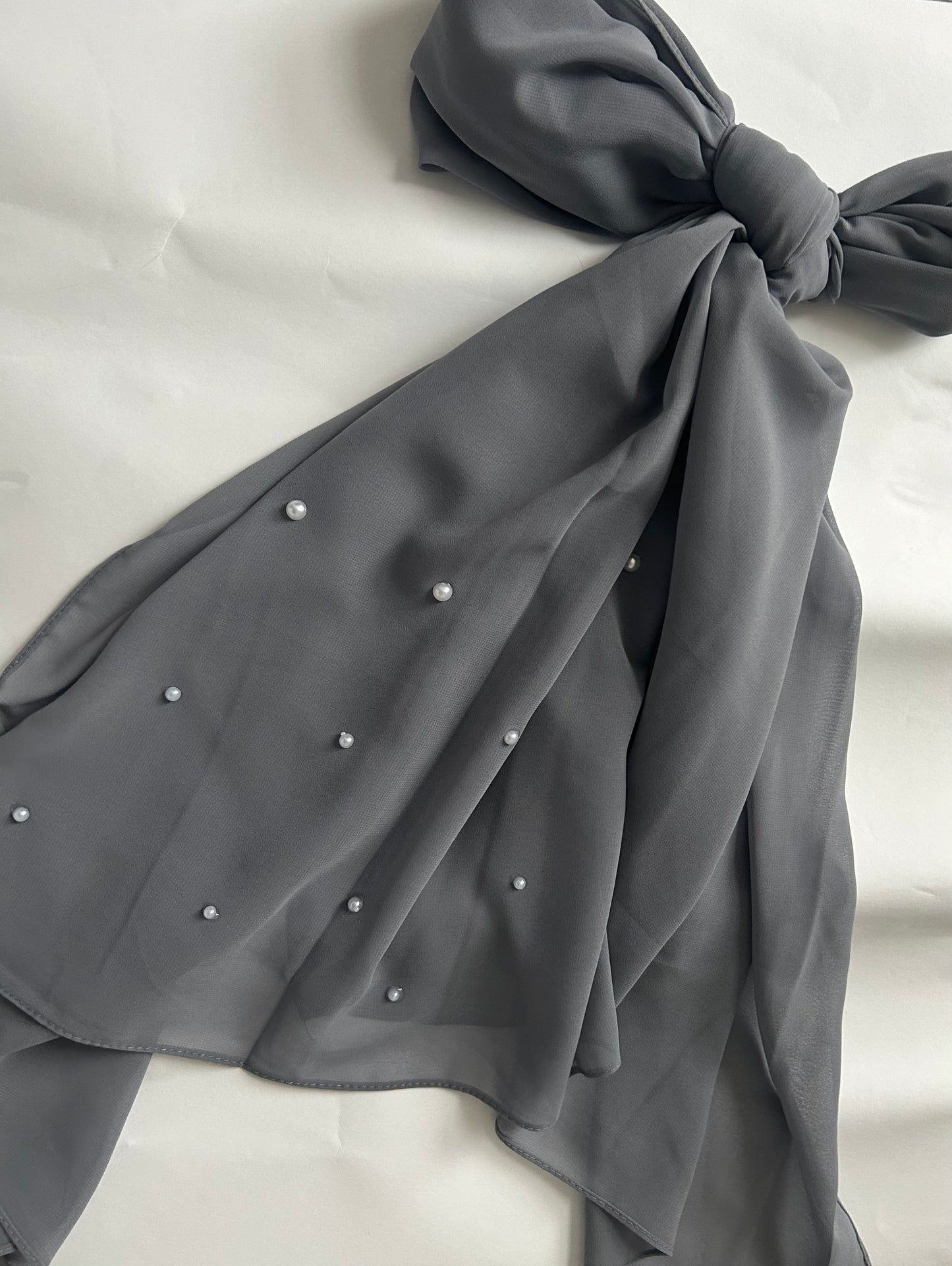 Grey Chiffon Hijab with Side Pearl Detailing – Elegant & Customisable