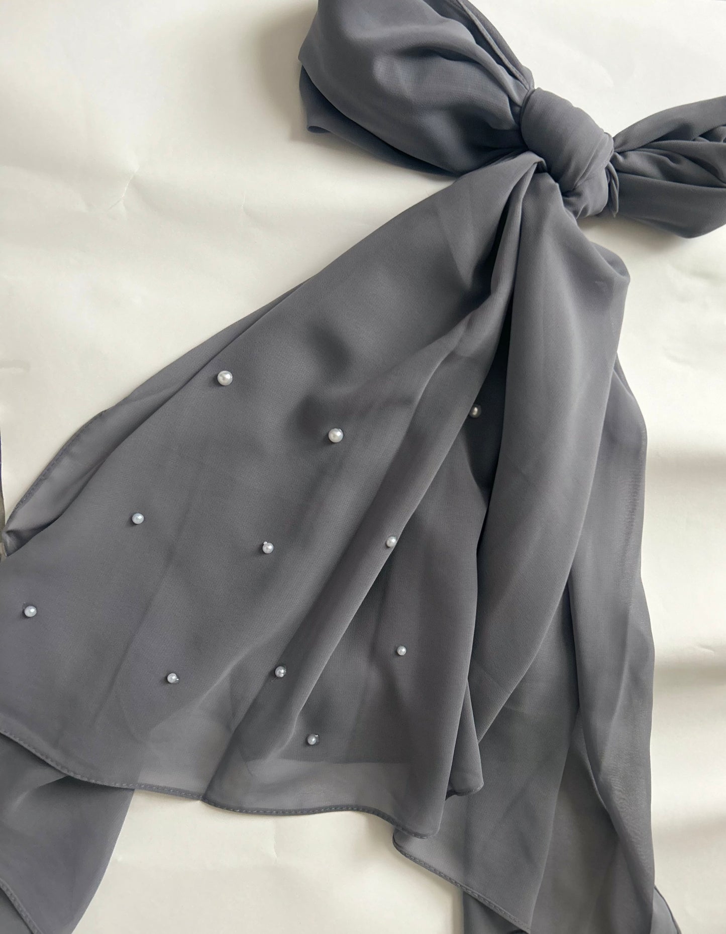 Grey Chiffon Hijab with Side Pearl Detailing – Elegant & Customisable