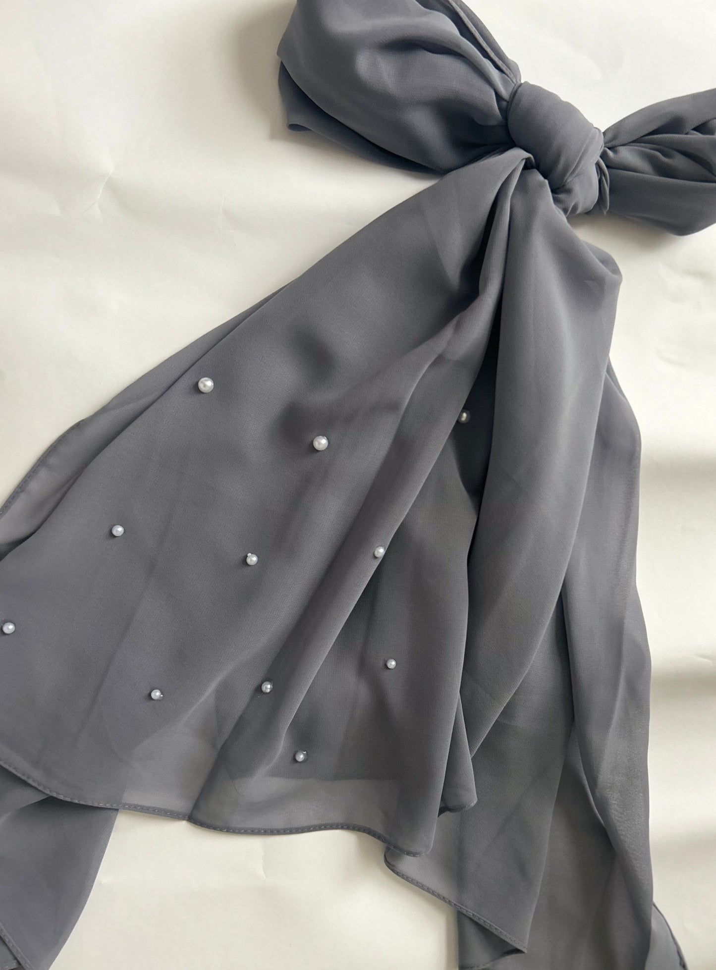 Grey Chiffon Hijab with Side Pearl Detailing – Elegant & Customisable