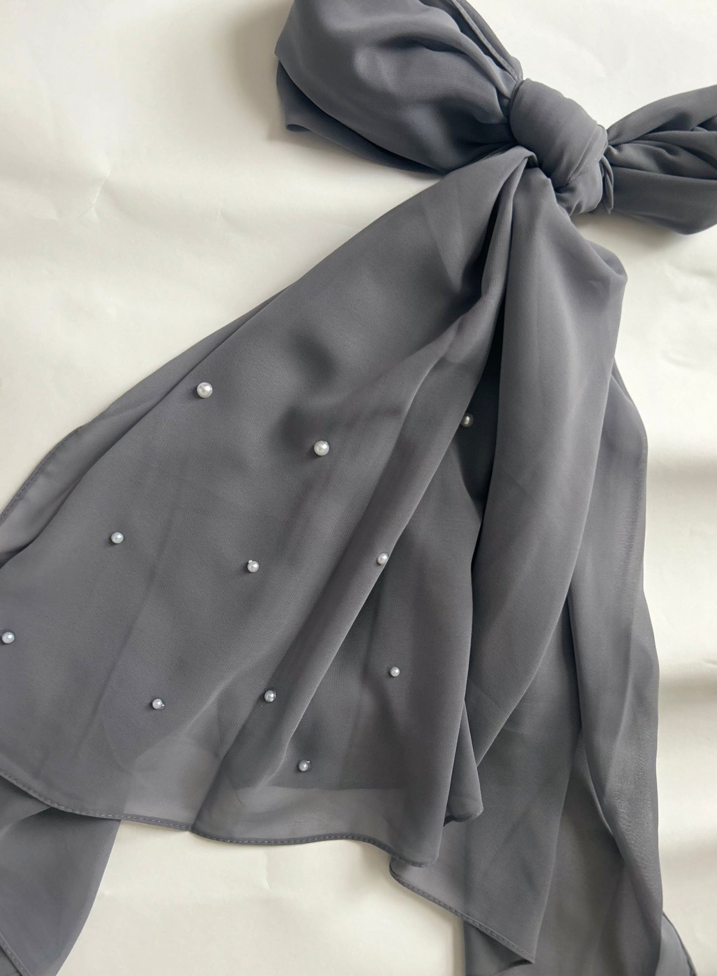 Grey Chiffon Hijab with Side Pearl Detailing – Elegant & Customisable