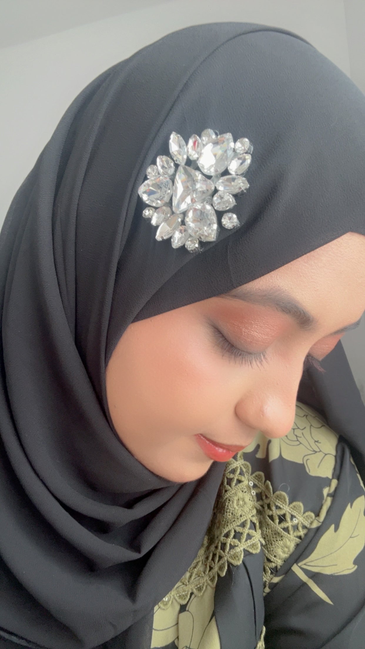 Noor Black Chiffon Hijab with Silver Rhinestone – Elegant Hijab UK