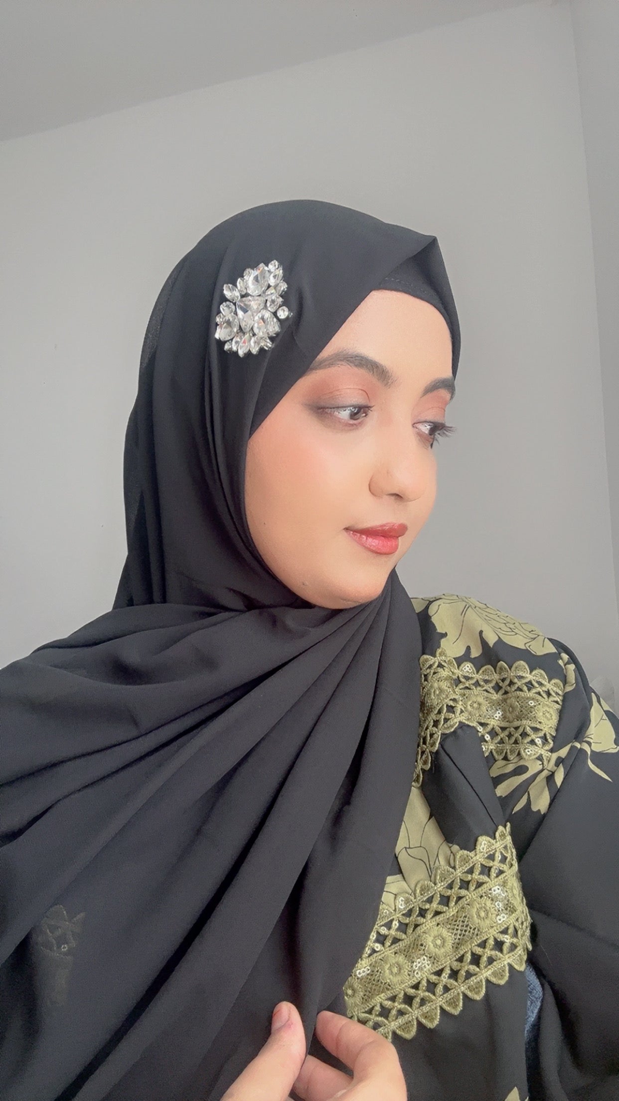 Noor Black Chiffon Hijab with Silver Rhinestone – Elegant Hijab UK
