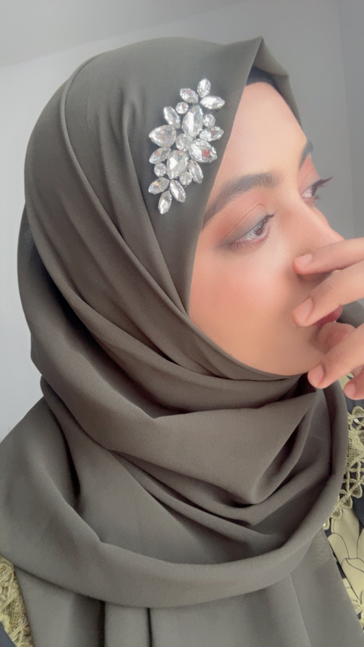 Noor-e-Shama – Olive Green Chiffon Hijab with Leaf Rhinestone Detail