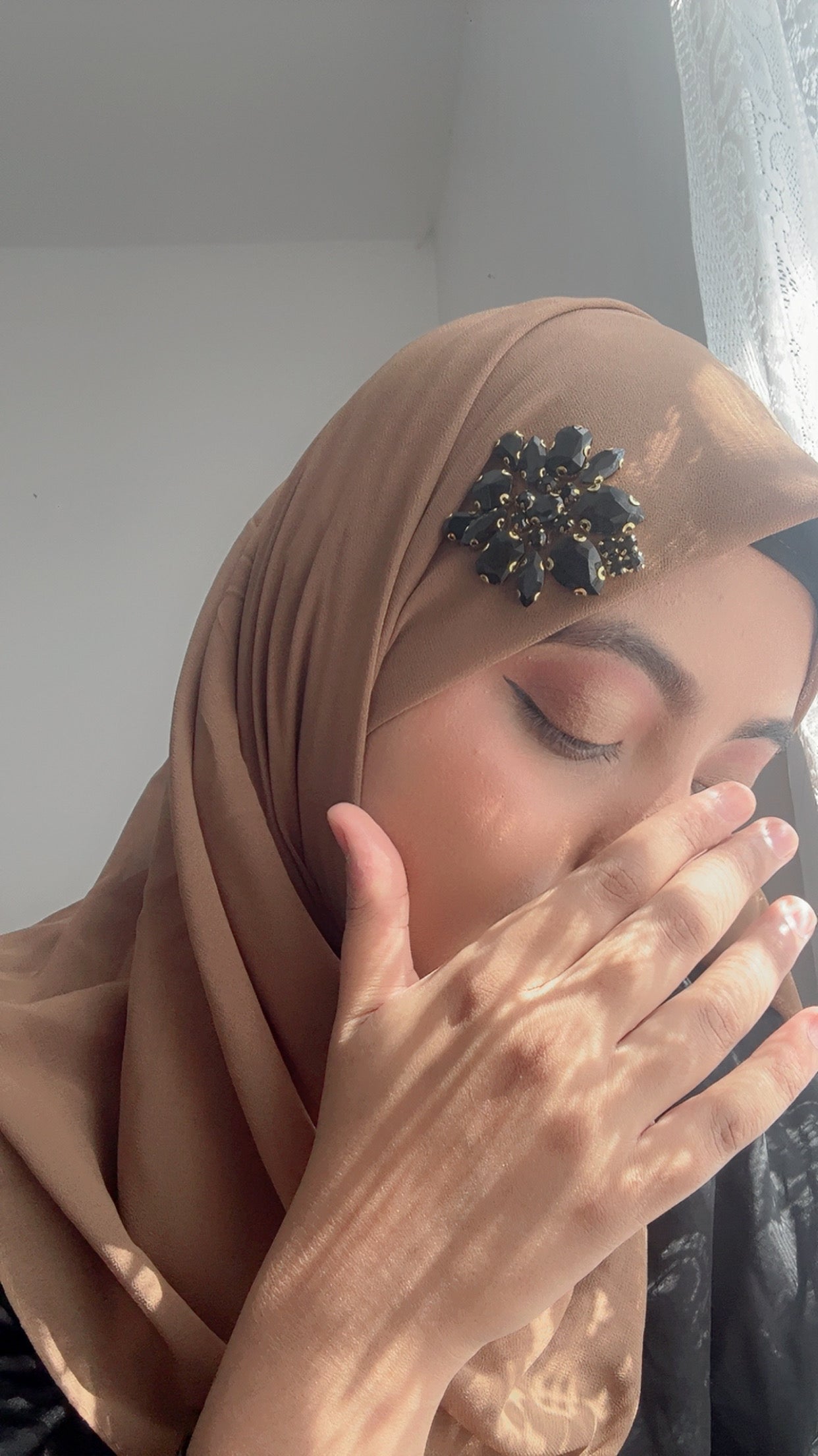 Luxury Brown Hijab with Black Rhinestone Accent – Noor e Shama Custom Design