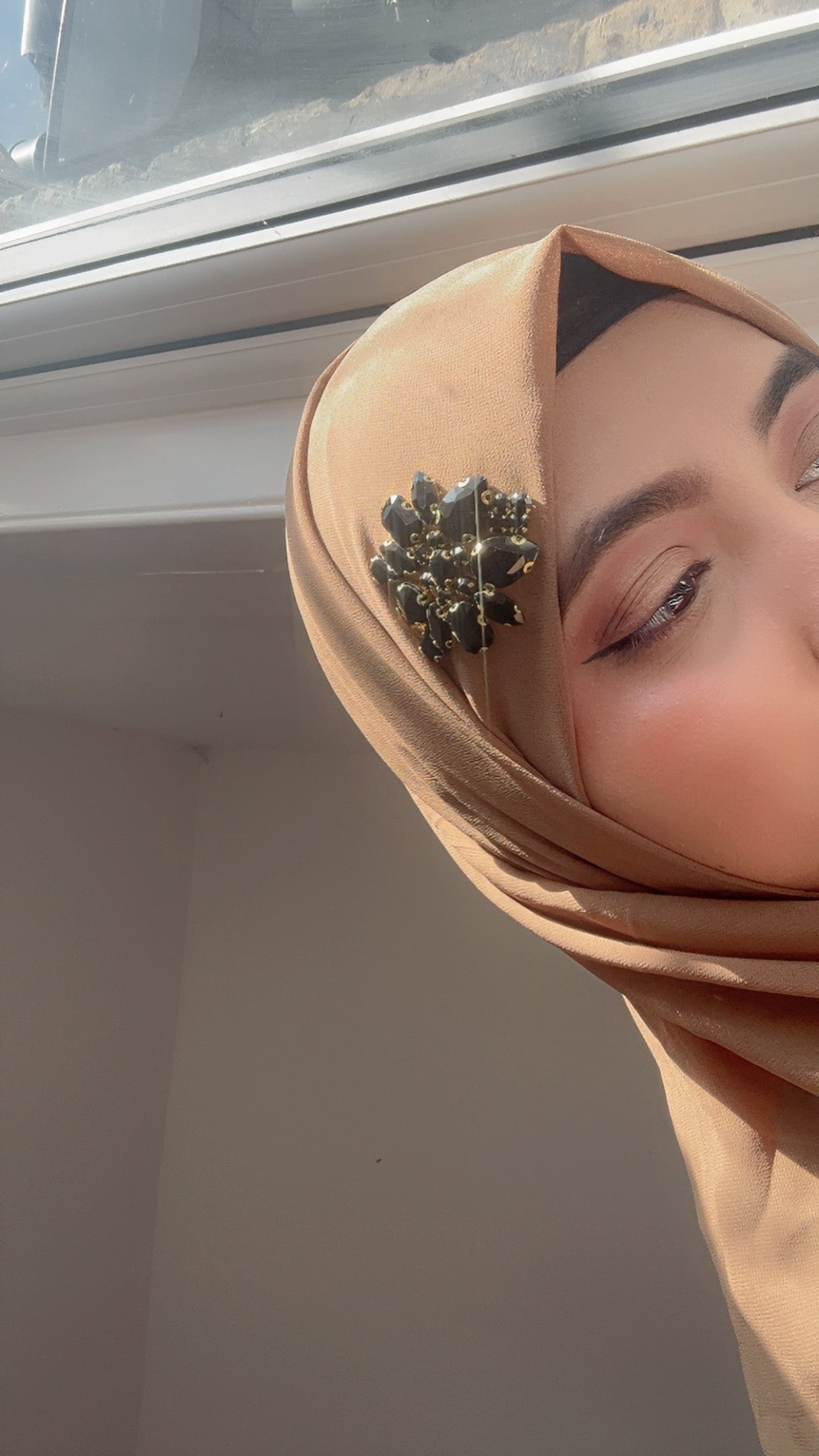 Luxury Brown Hijab with Black Rhinestone Accent – Noor e Shama Custom Design