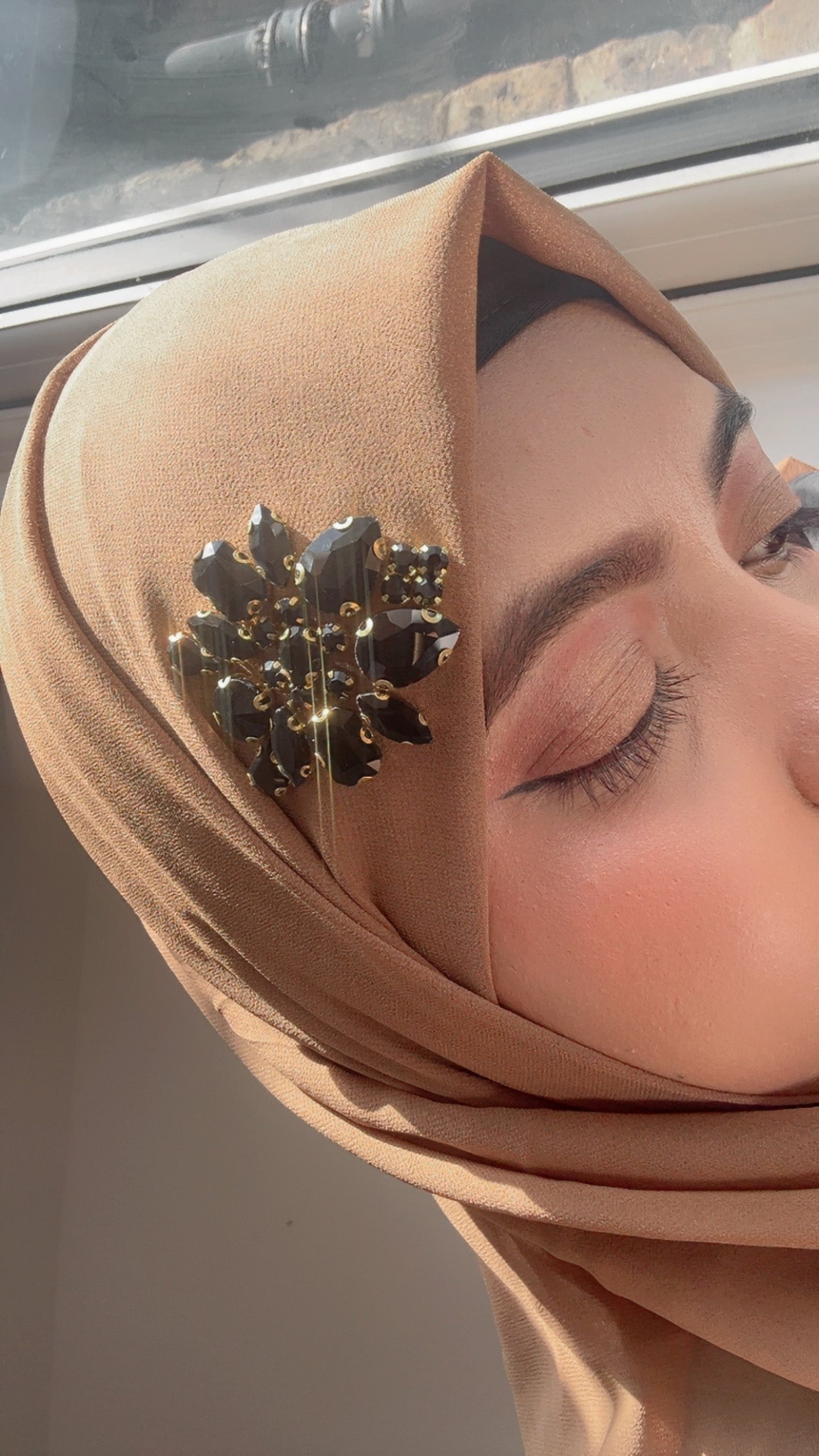 Luxury Brown Hijab with Black Rhinestone Accent – Noor e Shama Custom Design