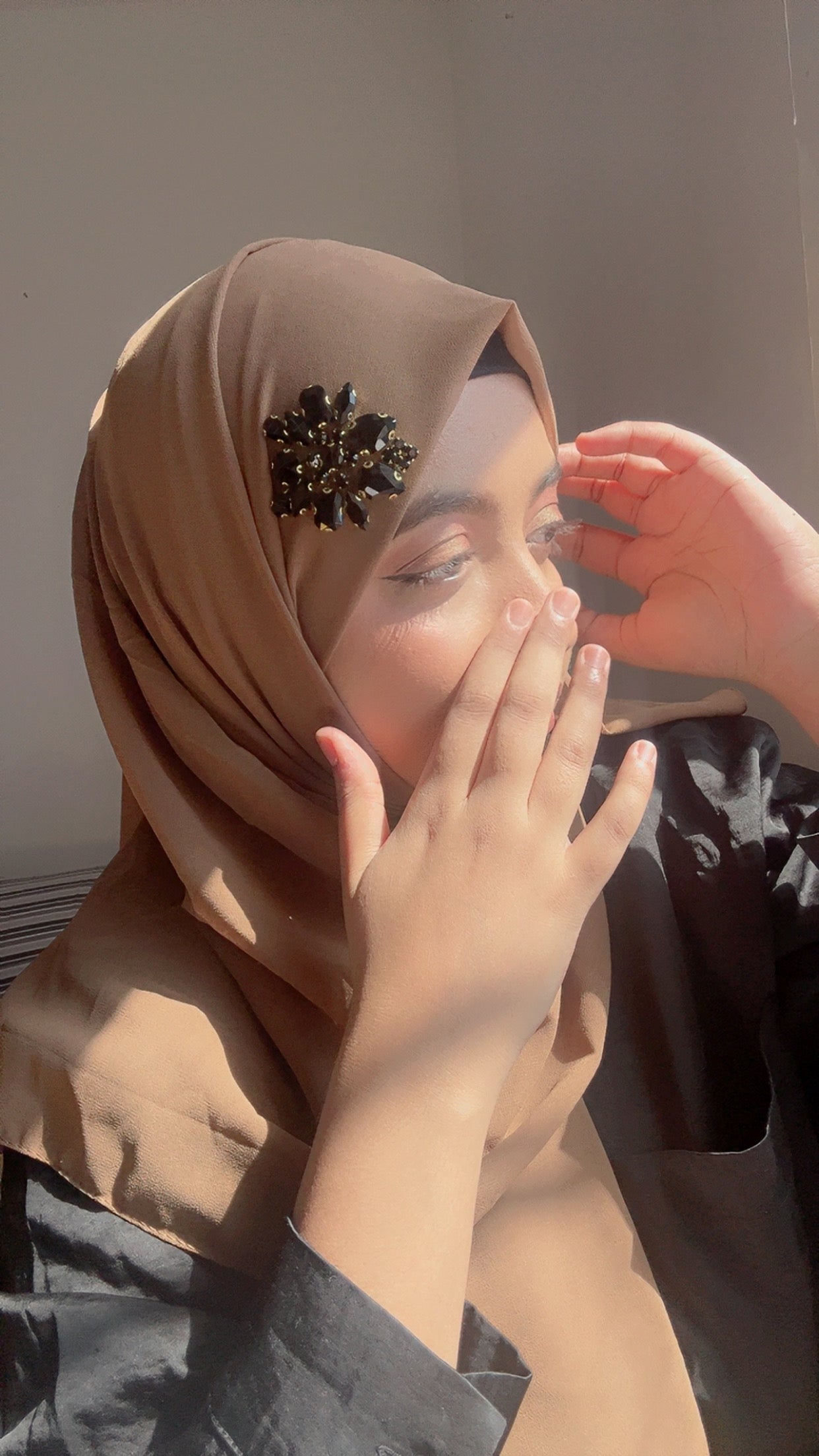 Luxury Brown Hijab with Black Rhinestone Accent – Noor e Shama Custom Design