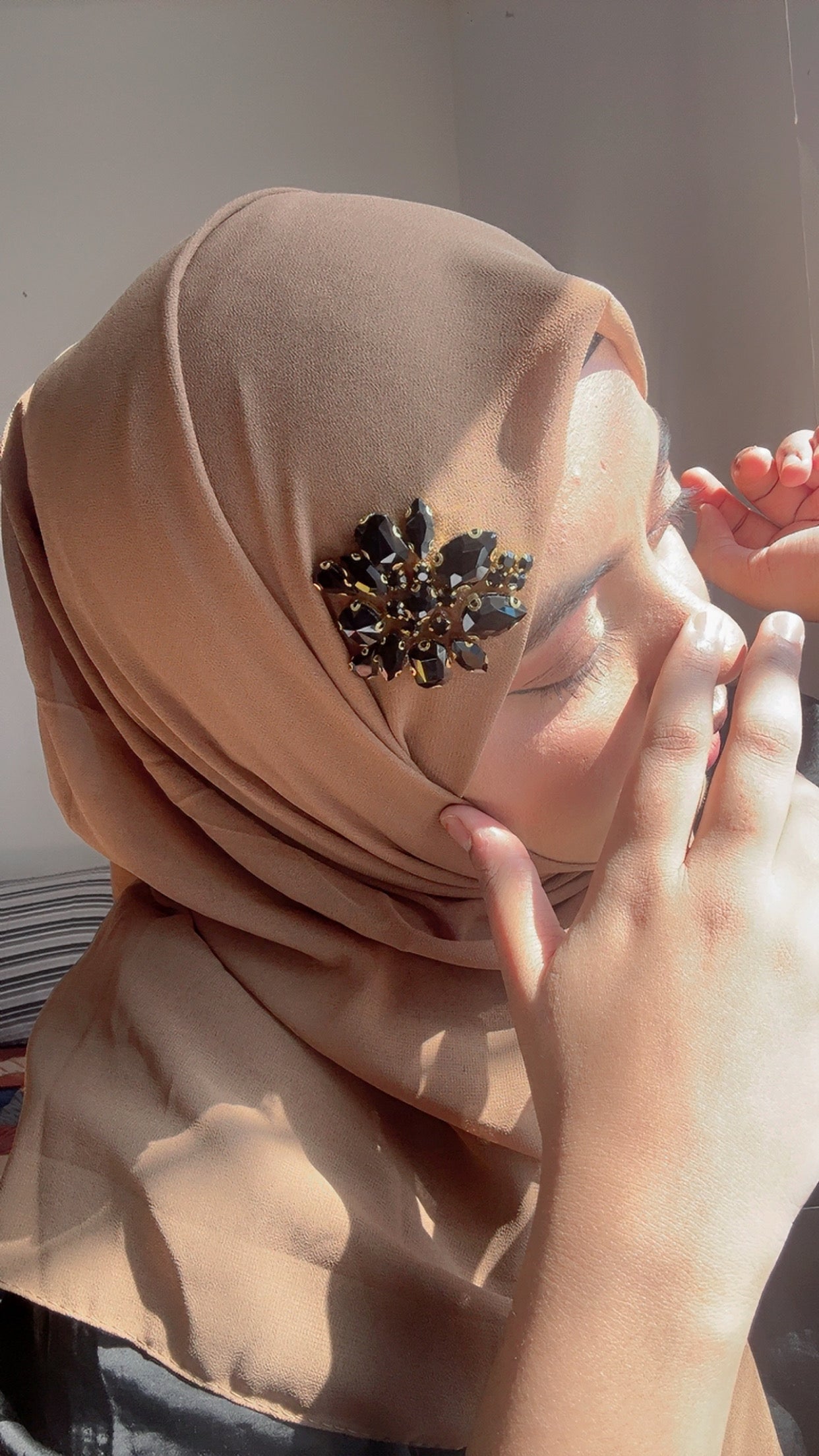 Luxury Brown Hijab with Black Rhinestone Accent – Noor e Shama Custom Design