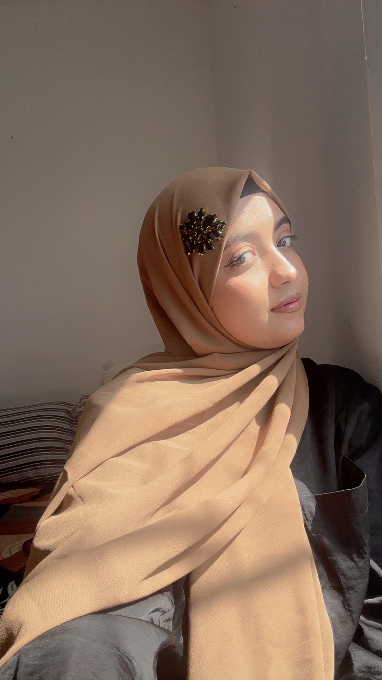 Luxury Brown Hijab with Black Rhinestone Accent – Noor e Shama Custom Design