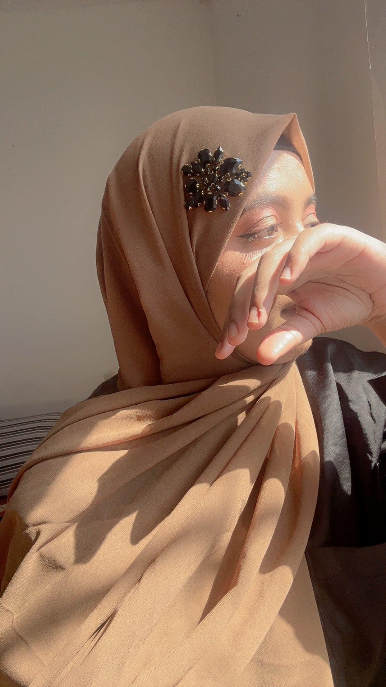 Luxury Brown Hijab with Black Rhinestone Accent – Noor e Shama Custom Design