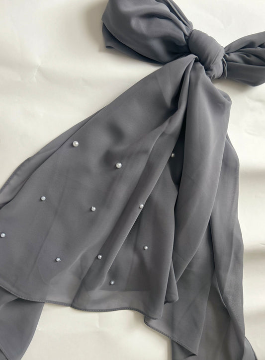 Grey Chiffon Hijab with Side Pearl Detailing – Elegant & Customisable