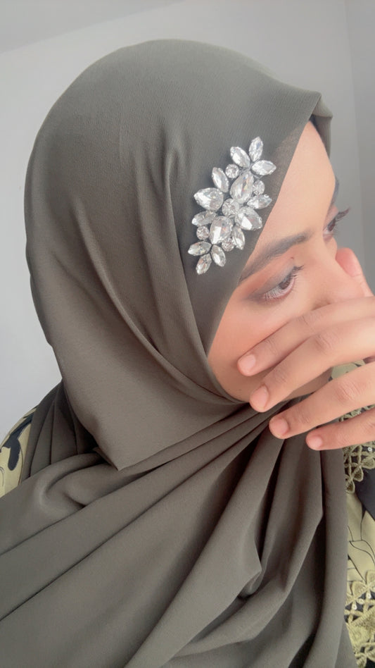 Noor-e-Shama – Olive Green Chiffon Hijab with Leaf Rhinestone Detail