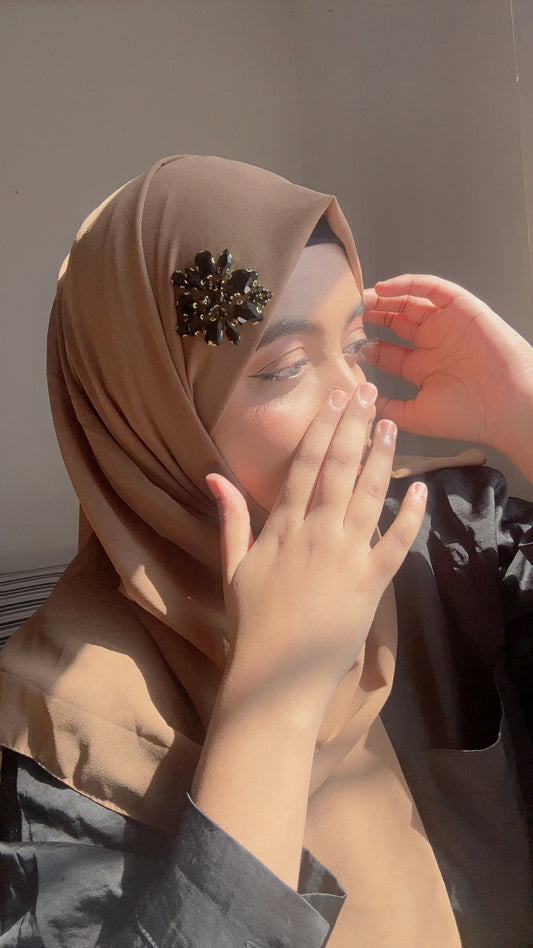 Luxury Brown Hijab with Black Rhinestone Accent – Noor e Shama Custom Design
